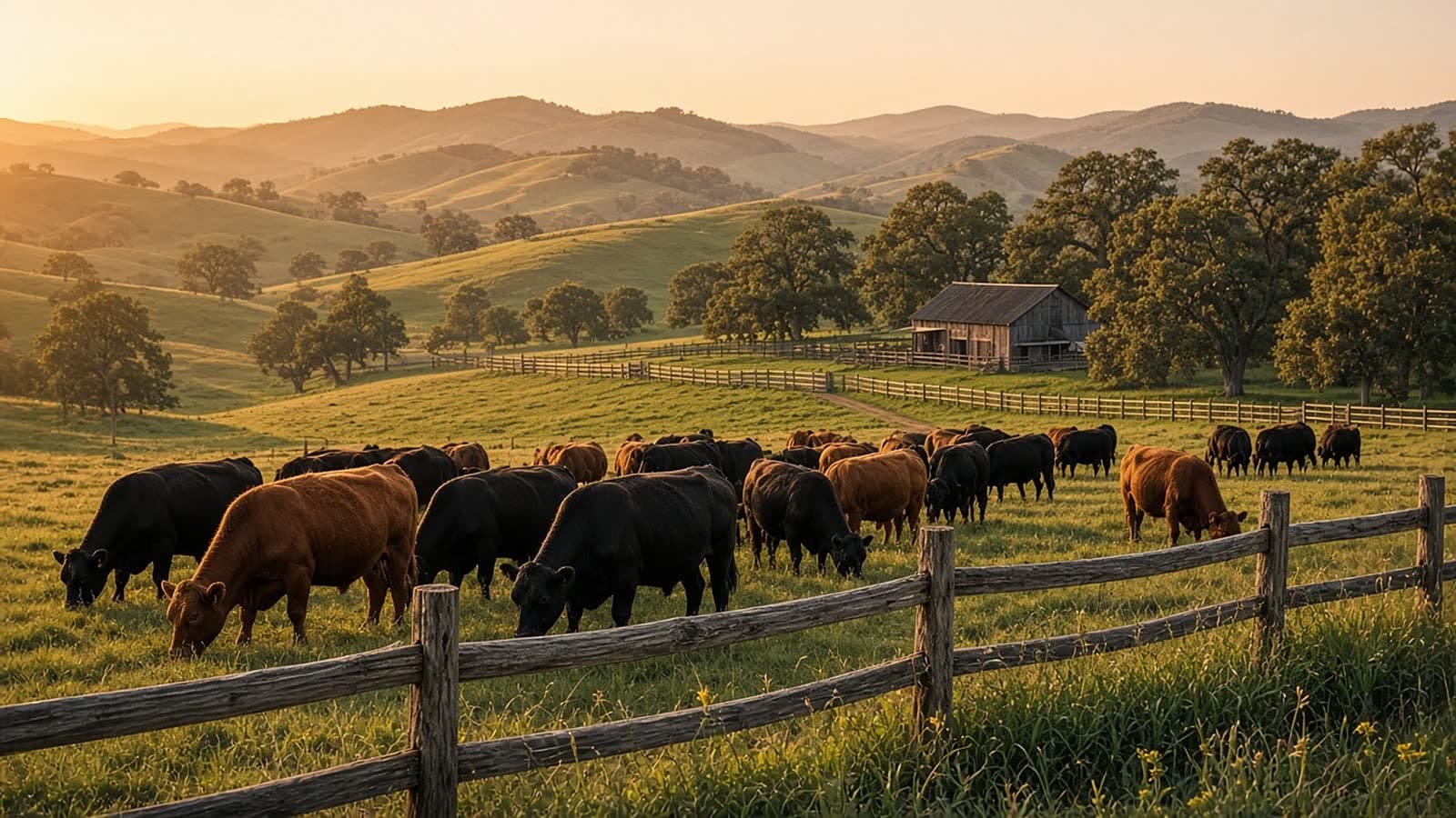Black and reddish-brown cattle grazing behind a split-rail fence on a ranch, with a wooden barn and tree-covered hills at sunset.