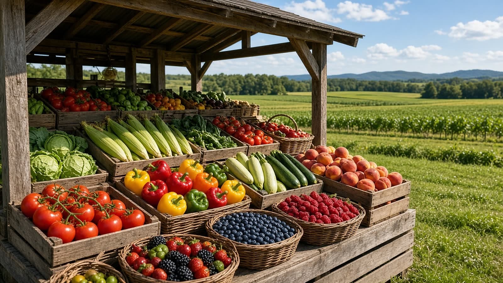 A wooden farm stand filled with crates and baskets of tomatoes, peppers, corn, berries, and peaches, with crop rows and a vineyard behind it.