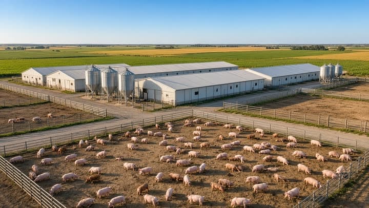 Hogs outdoors on a farm.