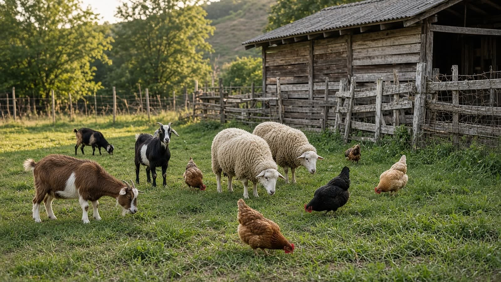 Goats, sheep, and chickens in a grassy farmyard beside a weathered wooden shed.