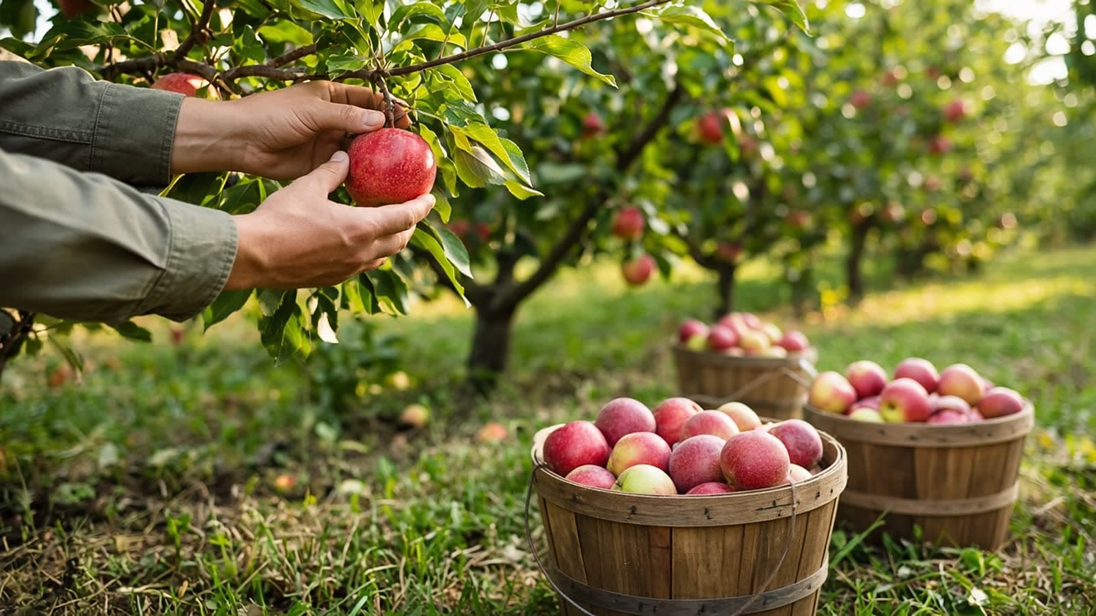 Hands picking a red apple from a tree, with wooden baskets of apples sitting in the orchard grass.