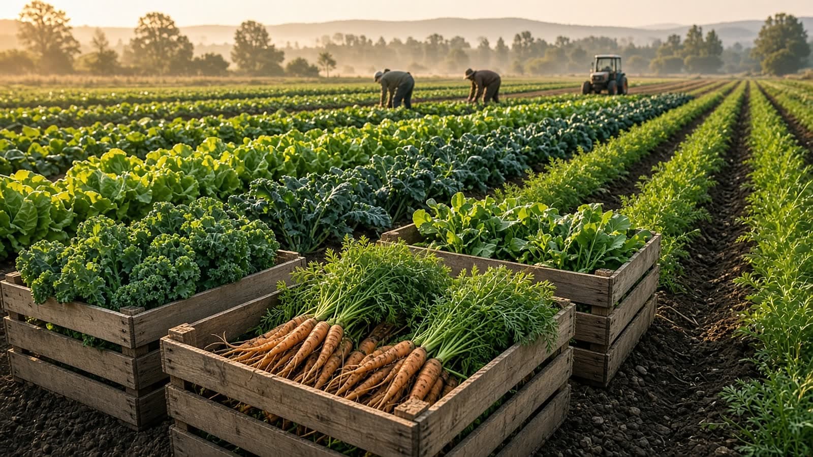 Wooden crates of carrots and leafy greens beside rows of vegetables, with people harvesting and a tractor in the field.